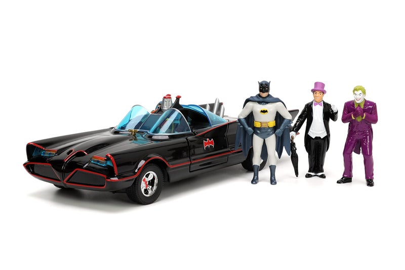 JADA toy Cars DC Comics 1:24 Classic TV Series Batman Batmobile Die-Cast Car & 2.75" Batman, Robin, Penguin, & The Joker Figures - Image 1