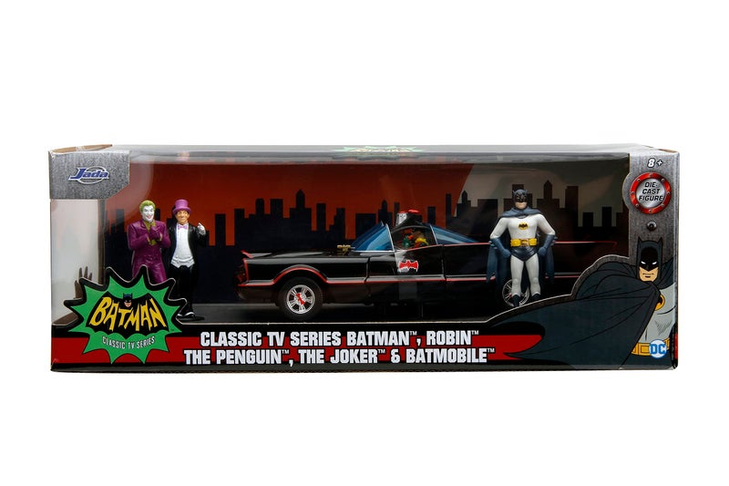 JADA toy Cars DC Comics 1:24 Classic TV Series Batman Batmobile Die-Cast Car & 2.75" Batman, Robin, Penguin, & The Joker Figures - Image 2
