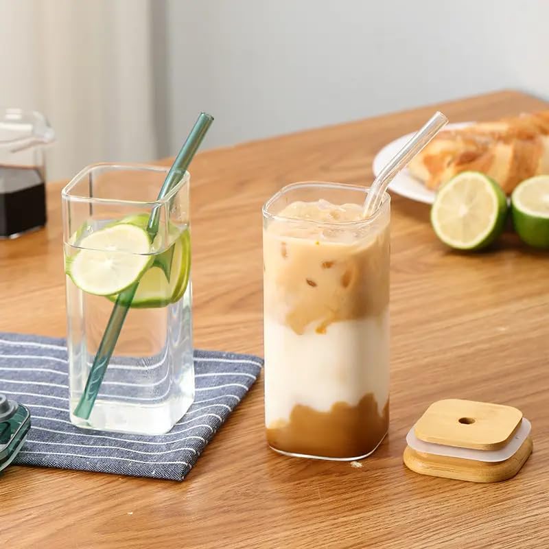 ZROY ENTERPRISE Wooden Lid Drinking Glass Sipper Straw Tumbler Mug | Set of 2 | 400 ml | Beer Soda and Tea Coffee Can Fruit Juice Milk Water Cup Cocktail, Smoothie Gift Glasses (2, Square) - Image 5