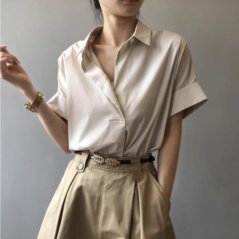 [Imitation Cotton] 2023 Summer Hollow Back Shirt Womens Design Sense Fashion Casual Western Style Top 1837#khaki