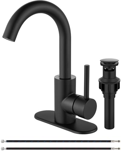Midanya Single Hole Bathroom Faucet 1 Hole Bar Sink Faucet Suitable for Kitchen RV Vanity,304 Stainless Steel 360° Swivel Spout with Deck Plate and Pop-up Drain,Matte Black - Image 1