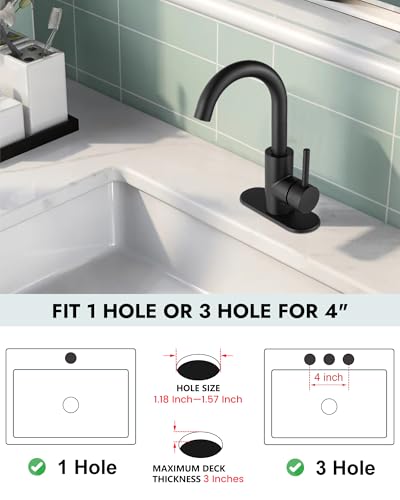 Midanya Single Hole Bathroom Faucet 1 Hole Bar Sink Faucet Suitable for Kitchen RV Vanity,304 Stainless Steel 360° Swivel Spout with Deck Plate and Pop-up Drain,Matte Black - Image 5