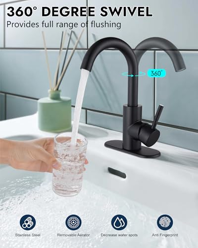 Midanya Single Hole Bathroom Faucet 1 Hole Bar Sink Faucet Suitable for Kitchen RV Vanity,304 Stainless Steel 360° Swivel Spout with Deck Plate and Pop-up Drain,Matte Black - Image 3