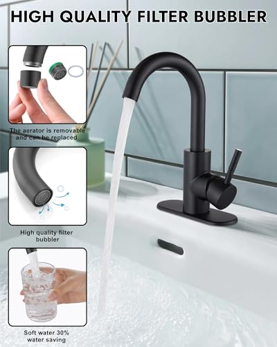 Midanya Single Hole Bathroom Faucet 1 Hole Bar Sink Faucet Suitable for Kitchen RV Vanity,304 Stainless Steel 360° Swivel Spout with Deck Plate and Pop-up Drain,Matte Black - Image 2