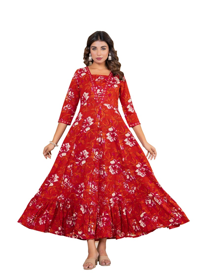 LAVANDIS Womens Printed Rayon Anarklai Kurta for Casual Wear Girls Long Gown Kurti Red - Image 1