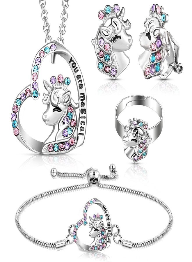 Herdear 4 Pcs Girl Unicorn Axolotl Jewelry Set Necklace Bracelet Ring Stud Earrings Crystal Pendant Jewelry Gifts for Toddler(Silver,Modern Unicorn) - Image 1