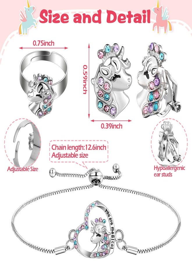 Herdear 4 Pcs Girl Unicorn Axolotl Jewelry Set Necklace Bracelet Ring Stud Earrings Crystal Pendant Jewelry Gifts for Toddler(Silver,Modern Unicorn) - Image 5