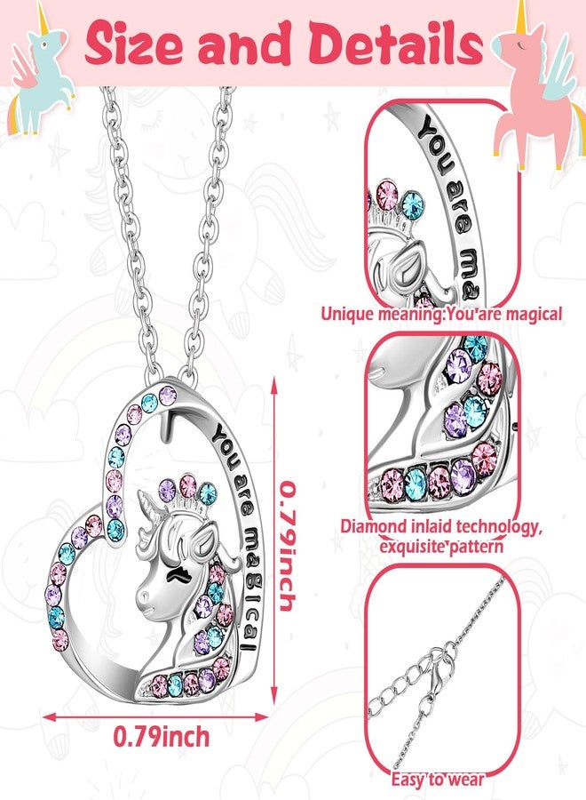Herdear 4 Pcs Girl Unicorn Axolotl Jewelry Set Necklace Bracelet Ring Stud Earrings Crystal Pendant Jewelry Gifts for Toddler(Silver,Modern Unicorn) - Image 3