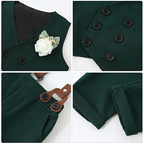 YALLET Toddler Baby Boy Clothes Suit Gentleman Wedding Outfits, Formal Dress Shirt+Bowtie+Vest+Boutonniere+Suspender Pants(V Green, 3-4T) - Image 3