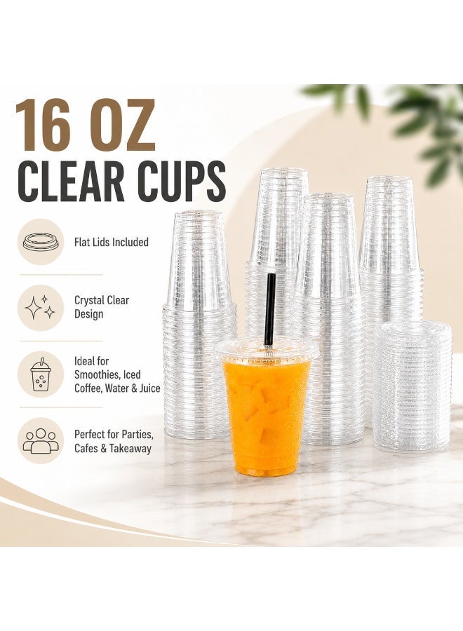 vsell24 16oz Clear Plastic Cups with Flat Lids – Disposable Drinking Cups for Smoothies, Iced Coffee, Water & Juice – Premium Clear Cold Drink Cups for Parties, Cafes & Takeaway - Image 2