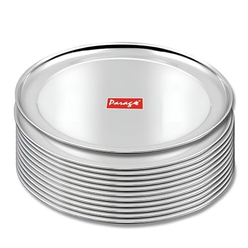 Parage 12 Pieces Stainless Steel 12 inch Heavy Gauge Raj Bhog Plate Set/Dinner Set/Thali Set/Kitchenware for Home & Restaurants/Family Use, Silver - Image 1