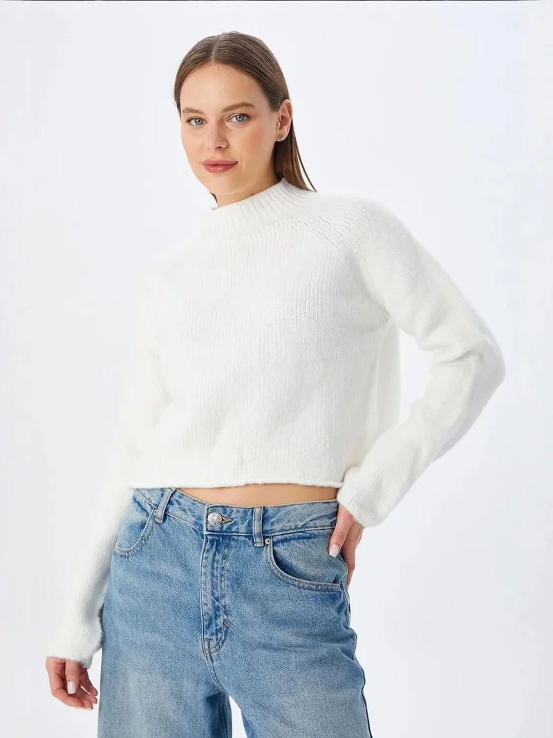 Mixray White MIXRAY Women's Cropped Textured Knit Sweater for Women | Best Price UAE