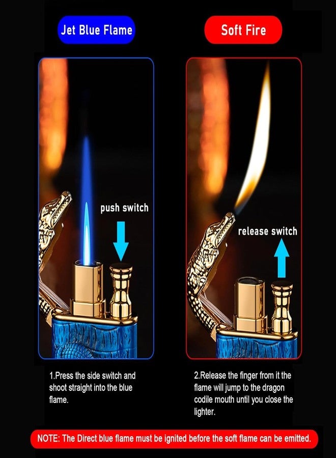 XQBBIDM Torch Lighter,Relief Crocodile Magic Dual Flame Lighter with Adjusting Flame Tool,Creative Windproof Jet Torch Butane Lighters, Refillable Butane Lighters Gifts for Outdoor Indoor(Bronze) - Image 2