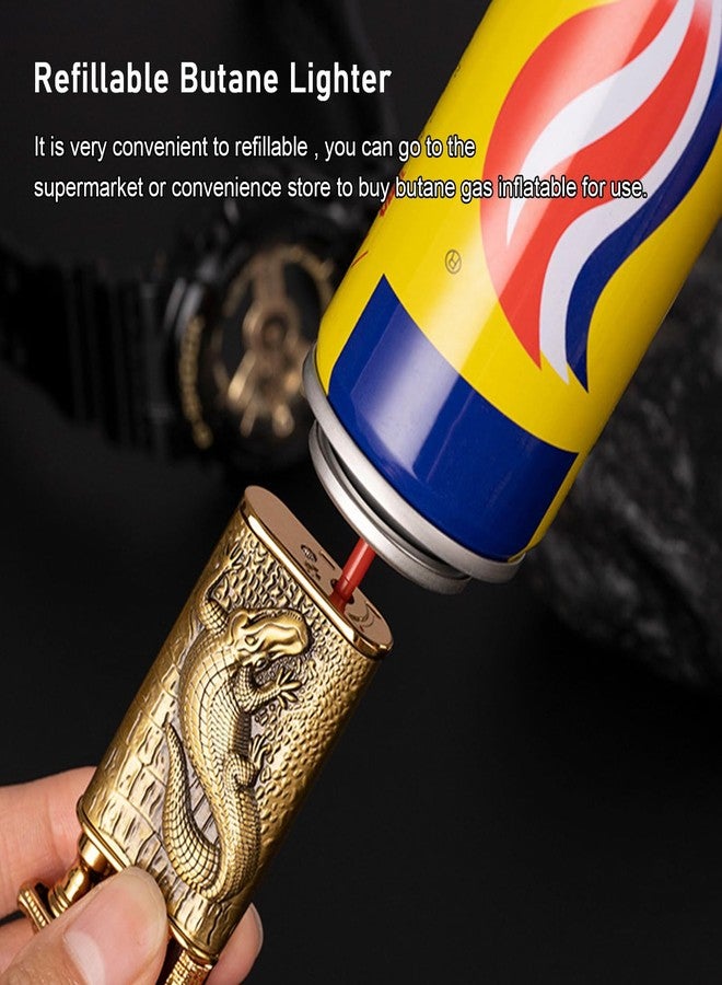 XQBBIDM Torch Lighter,Relief Crocodile Magic Dual Flame Lighter with Adjusting Flame Tool,Creative Windproof Jet Torch Butane Lighters, Refillable Butane Lighters Gifts for Outdoor Indoor(Bronze) - Image 3