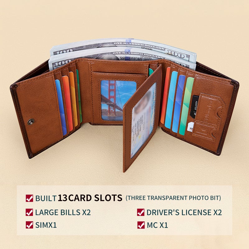 بانيانو محفظة رجالية ثلاثية الطي كبيرة الحجم - محفظة جلدية أصلية مضادة للسرقة بتقنية RFID (بني مصفر) - Image 3