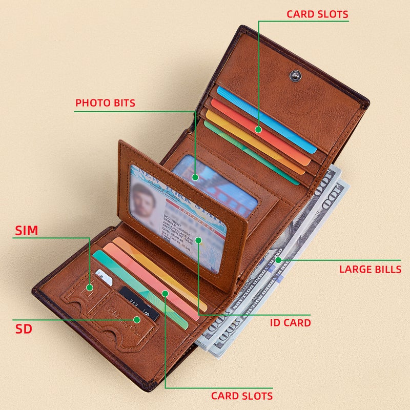 بانيانو محفظة رجالية ثلاثية الطي كبيرة الحجم - محفظة جلدية أصلية مضادة للسرقة بتقنية RFID (بني مصفر) - Image 2