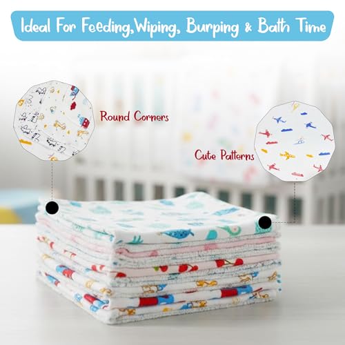 GLUN® Soft Premium Baby Washcloth for Newborn, Pack of 7 (28x25cm) Printed Mini Wash Towel, Washable, Reusable, & Absorbent, Extra Soft Face Towels for Babies - Image 3