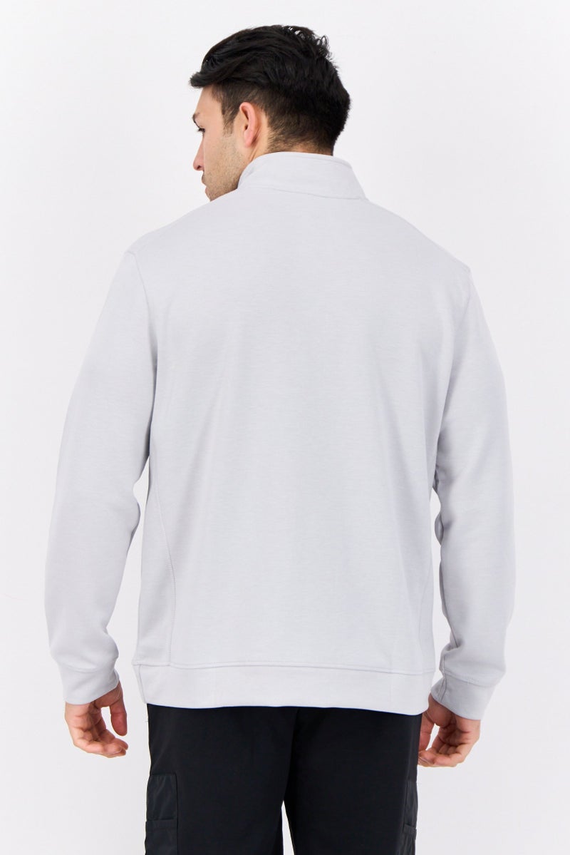 MOTION سويت شيرت رجالي بأكمام طويلة بسحاب نصف، شعار العلامة التجارية، رمادي فاتح - Image 3