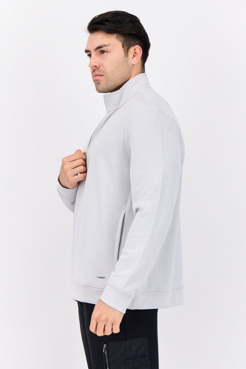 MOTION Men Half Zipper Brand Logo Long Sleeve Sweatshirt, Light Grey - Image 2