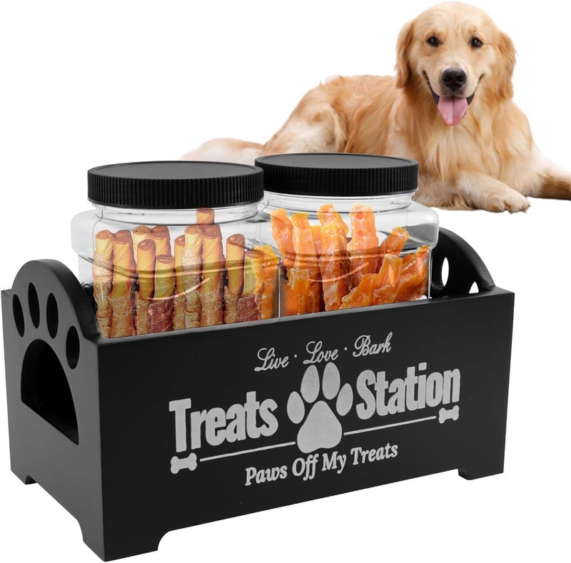 Dandelionsky Dog Treat Container with 2 Dog Treat Jars, Cute Wooden Dog Food Storage Container, Farmhouse Cat Food Container Pet Food Storage Organizer for Dog, Cat, Small Animal (black-2 jar) - Image 1