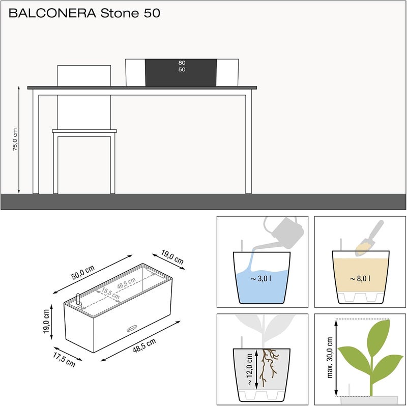 Lechuza 15652 Balconera Cottage 50 Self-Watering Planter for Indoor and Outdoor Use, 20" x 7" x 7", Graphite Black - Image 4