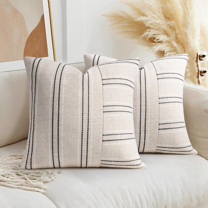 AELS 18x18 Decorative Farmhouse Linen Throw Pillow Covers Boho Textured Pillow Case Set of 2 Beige with White Black Stripe Patchwork Cushion Cover for Sofa Couch Living Room Cover ONLY