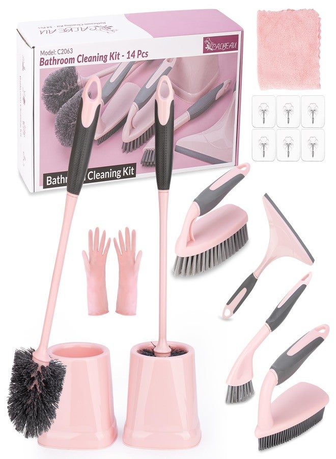 CALBEAU 14 Pcs Bathroom Cleaning Tools with Toilet Brush, Scrub Brush, Cleaning Brush for Toilet, Bathtub, Pink Toilet Brush and Holder Set with Ergonomic Handle and Sturdy Bristles - Image 1