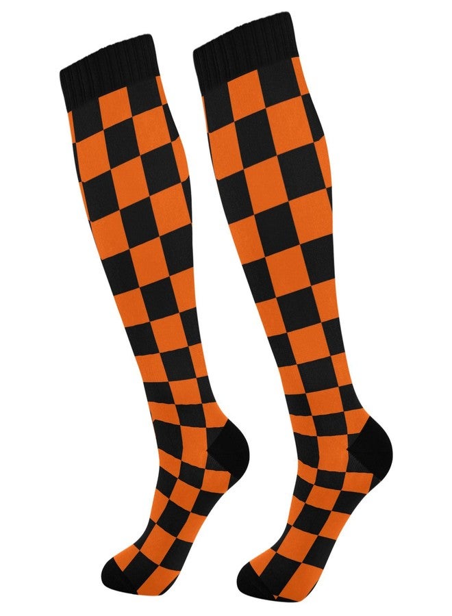 Dussdil Black Orange Checkered Compression Socks for Women and Men Circulation Long Socks for Athletic Running Cycling Nurse Stockings Socks - Image 1