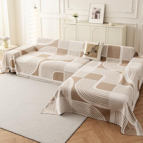 WEYOND Boho Couch Cover Sofa Covers Washable, Chenille Couch Covers for 3 Cushion Couch Sofa Pet Friendly, Bohemian Sofa Slipcovers for L Shaped Sectional (71" X 118"+71" X 134", Khaki) - Image 1