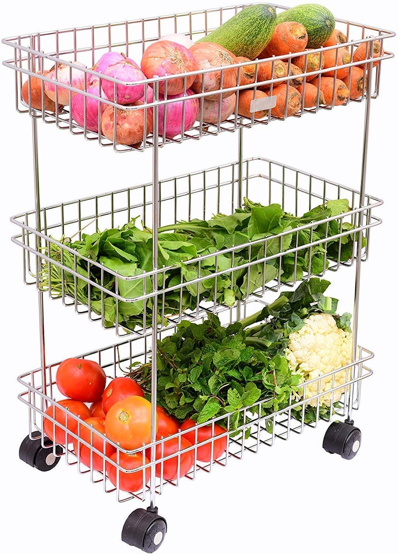 Kavid Stainless Steel 3 Layer Fruit and Vegetable Stand Basket Trolley Storage Rack Silver - Image 1