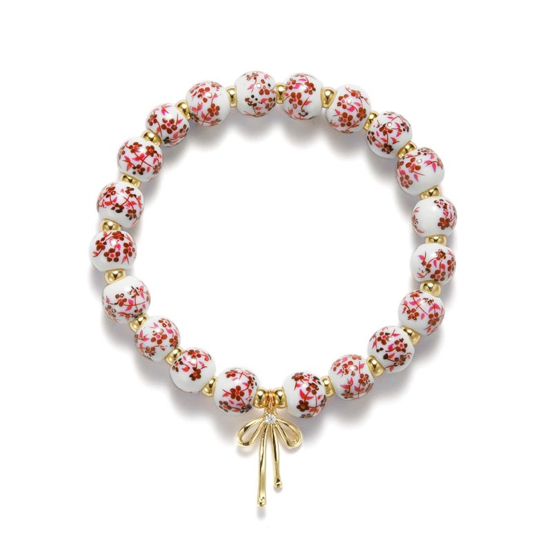 Beads Bow Charm Bracelet for Women Red Flower Vintage Bracelet Handmade Stretch Strand Beaded Bracelet Red and White Decor Coquette Aesthetic Dainty Romantic Jewelry(Red)