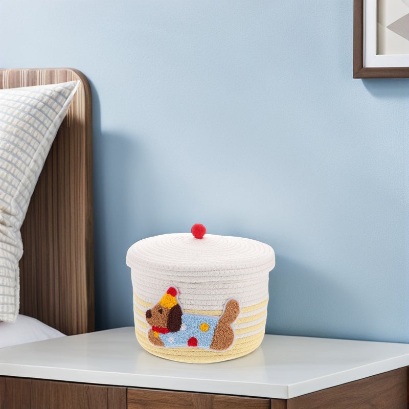 Cute Dog Toy Basket with Lid Woven Cotton Rope Storage Bin Decorative Storage Container Large Capacity Organizer for Home Car - Image 5