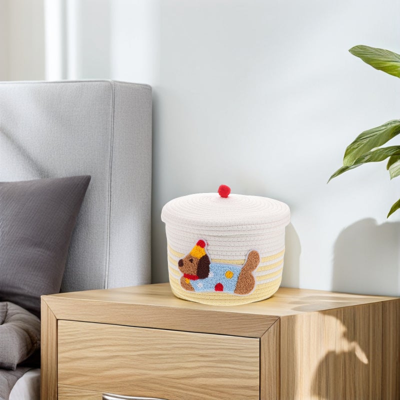 Cute Dog Toy Basket with Lid Woven Cotton Rope Storage Bin Decorative Storage Container Large Capacity Organizer for Home Car - Image 3