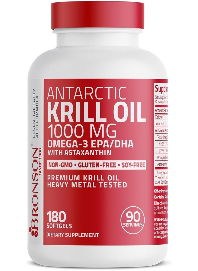 Bronson Antarctic Krill Oil 1000 Mg With Omega-3S Epa, Dha, Astaxanthin And Phospholipids – 100% Pure Premium Krill Oil - Heavy Metal Tested, Non Gmo - 180 Softgels (90 Servings)  - Image 1