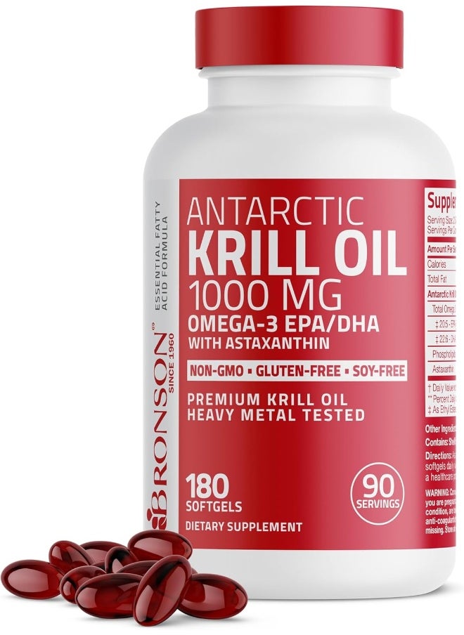 Bronson Antarctic Krill Oil 1000 Mg With Omega-3S Epa, Dha, Astaxanthin And Phospholipids – 100% Pure Premium Krill Oil - Heavy Metal Tested, Non Gmo - 180 Softgels (90 Servings)  - Image 3