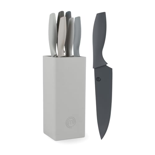 MasterChef Knife Block Set of 6 Kitchen Knives, Extra Sharp Stainless Steel Blades for Professional Cutting with Non Stick Coating & Soft Touch Easy Grip Handles in a Universal Holder, Earth Greys - Image 1