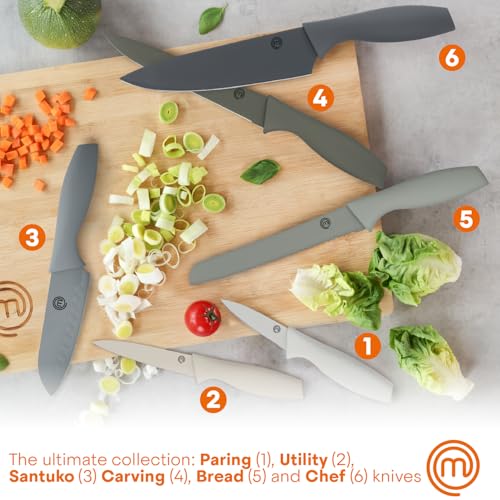 MasterChef Knife Block Set of 6 Kitchen Knives, Extra Sharp Stainless Steel Blades for Professional Cutting with Non Stick Coating & Soft Touch Easy Grip Handles in a Universal Holder, Earth Greys - Image 2