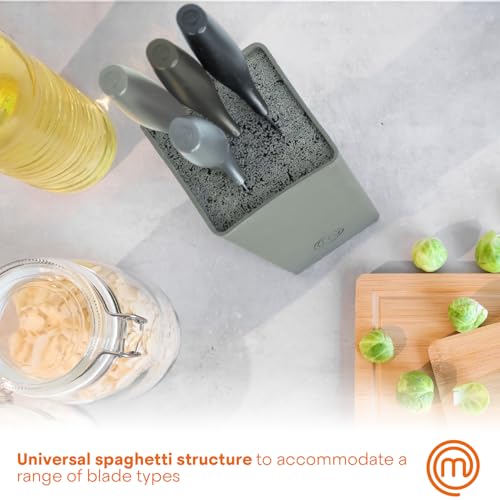 MasterChef Knife Block Set of 6 Kitchen Knives, Extra Sharp Stainless Steel Blades for Professional Cutting with Non Stick Coating & Soft Touch Easy Grip Handles in a Universal Holder, Earth Greys - Image 4