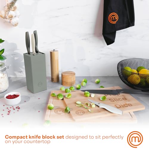 MasterChef Knife Block Set of 6 Kitchen Knives, Extra Sharp Stainless Steel Blades for Professional Cutting with Non Stick Coating & Soft Touch Easy Grip Handles in a Universal Holder, Earth Greys - Image 3