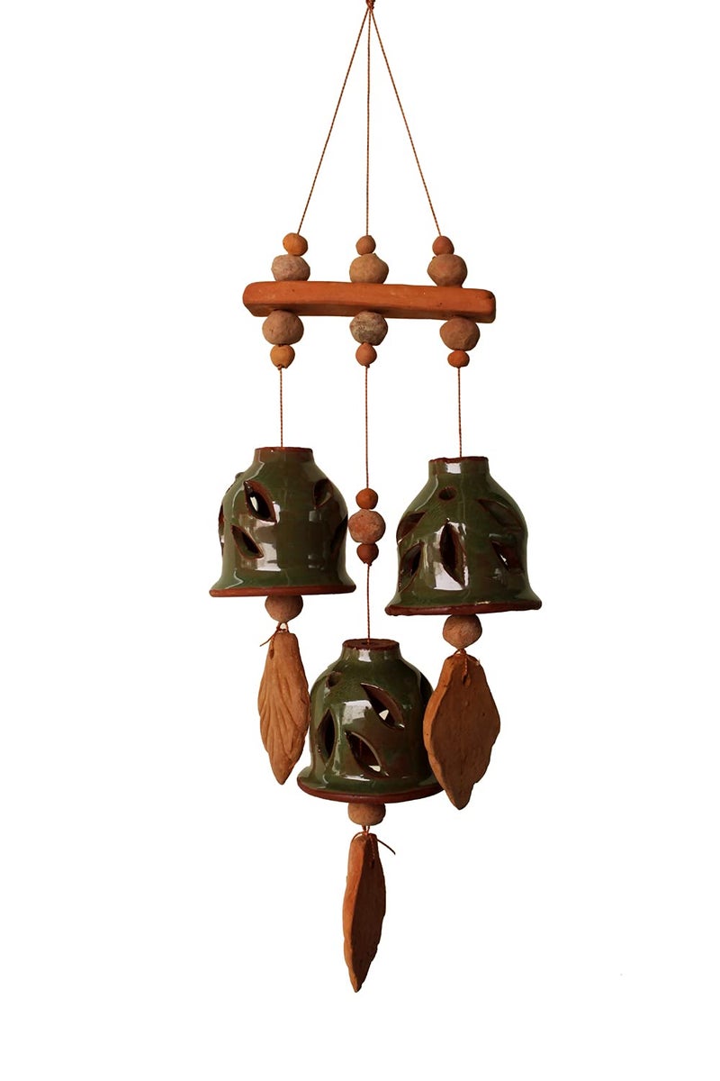 DEVICE OF ESVAR STONECRAFT ...EVERY STROY IS UNIQUE EVERY HOME IS DIFFERENT..... ES ESVAR STONECRAFT Terracotta Ceramic Coated Green Wind Chimes with Three Bells of Straight Design Handmade Craft with Melodious Sound Bells24 cm Long - Image 1
