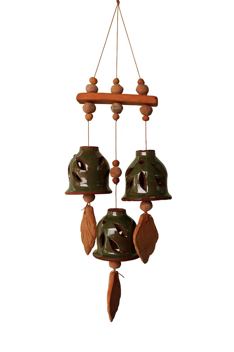 DEVICE OF ESVAR STONECRAFT ...EVERY STROY IS UNIQUE EVERY HOME IS DIFFERENT..... ES ESVAR STONECRAFT Terracotta Ceramic Coated Green Wind Chimes with Three Bells of Straight Design Handmade Craft with Melodious Sound Bells24 cm Long - Image 2