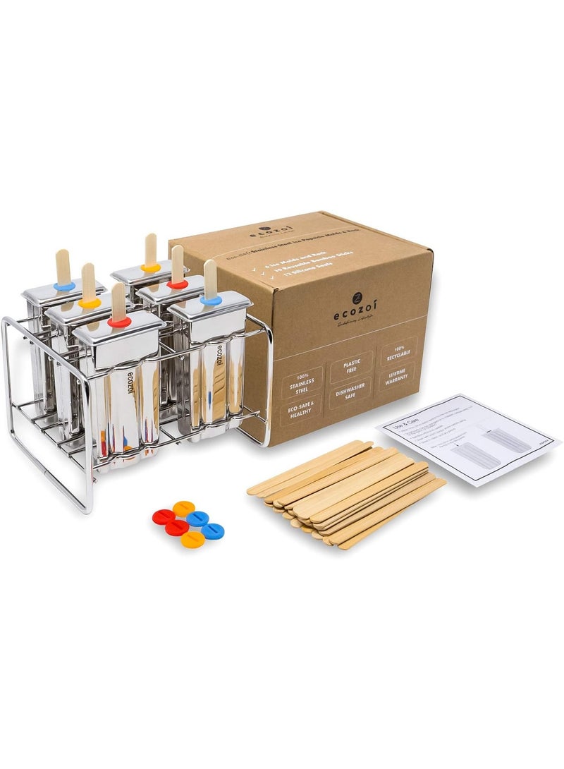 Ecozoi Stainless Steel Popsicle Molds and Rack - 6 Square Ice Pop Makers + 30 Reusable Bamboo Sticks + 12 Silicone Seals + 1 Cleaning Brush +1 Rack - Image 1