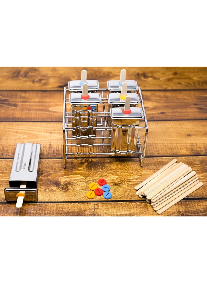 Ecozoi Stainless Steel Popsicle Molds and Rack - 6 Square Ice Pop Makers + 30 Reusable Bamboo Sticks + 12 Silicone Seals + 1 Cleaning Brush +1 Rack - Image 3
