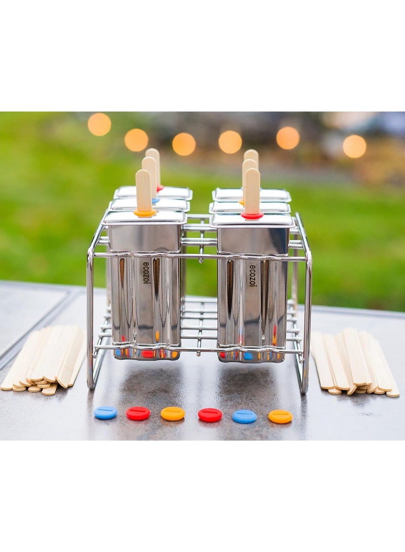 Ecozoi Stainless Steel Popsicle Molds and Rack - 6 Square Ice Pop Makers + 30 Reusable Bamboo Sticks + 12 Silicone Seals + 1 Cleaning Brush +1 Rack - Image 2