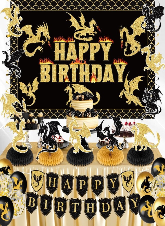 LUUFILx Dragon Birthday Party Decoration Black Gold Dragon Knight Party Supplies with Birthday Banner Backdrop Honeycomb Topper Hanging Swirls Balloons for Kids Dinosaur Decor (Black) - Image 5