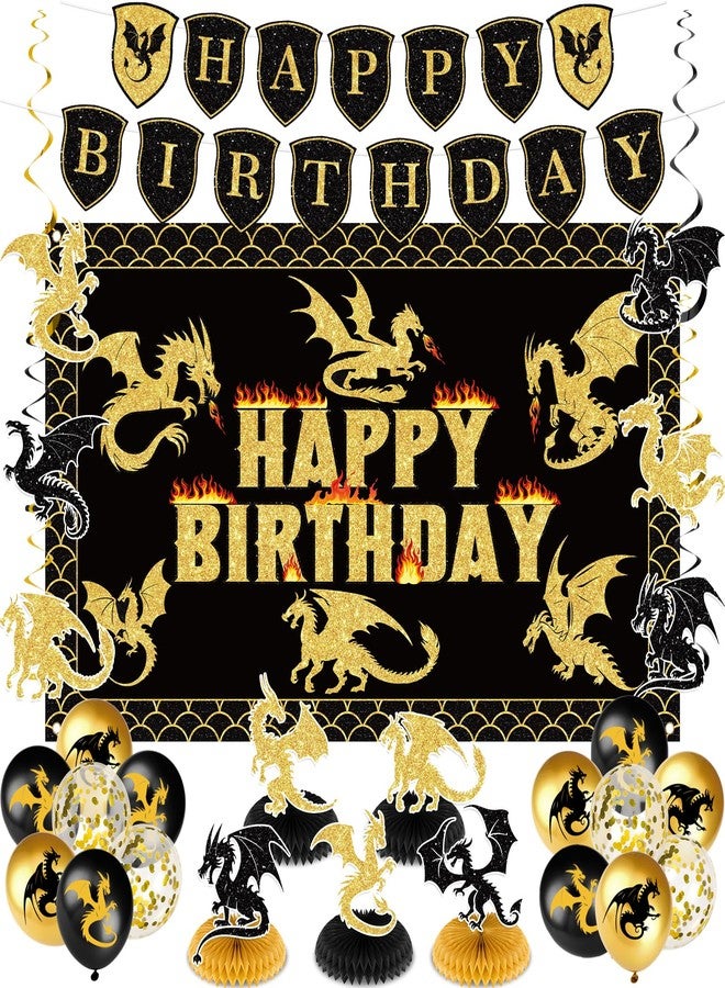LUUFILx Dragon Birthday Party Decoration Black Gold Dragon Knight Party Supplies with Birthday Banner Backdrop Honeycomb Topper Hanging Swirls Balloons for Kids Dinosaur Decor (Black) - Image 1