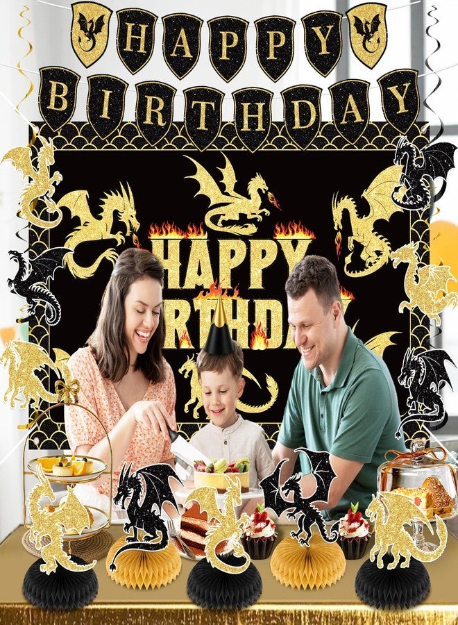 LUUFILx Dragon Birthday Party Decoration Black Gold Dragon Knight Party Supplies with Birthday Banner Backdrop Honeycomb Topper Hanging Swirls Balloons for Kids Dinosaur Decor (Black) - Image 3