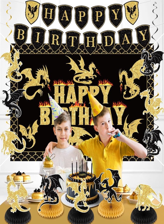LUUFILx Dragon Birthday Party Decoration Black Gold Dragon Knight Party Supplies with Birthday Banner Backdrop Honeycomb Topper Hanging Swirls Balloons for Kids Dinosaur Decor (Black) - Image 4