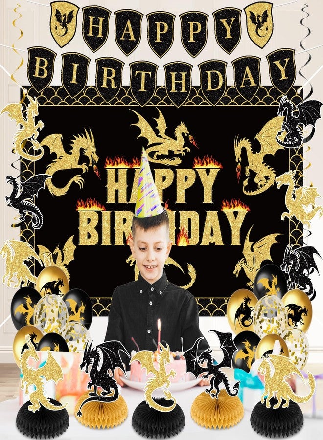 LUUFILx Dragon Birthday Party Decoration Black Gold Dragon Knight Party Supplies with Birthday Banner Backdrop Honeycomb Topper Hanging Swirls Balloons for Kids Dinosaur Decor (Black) - Image 2