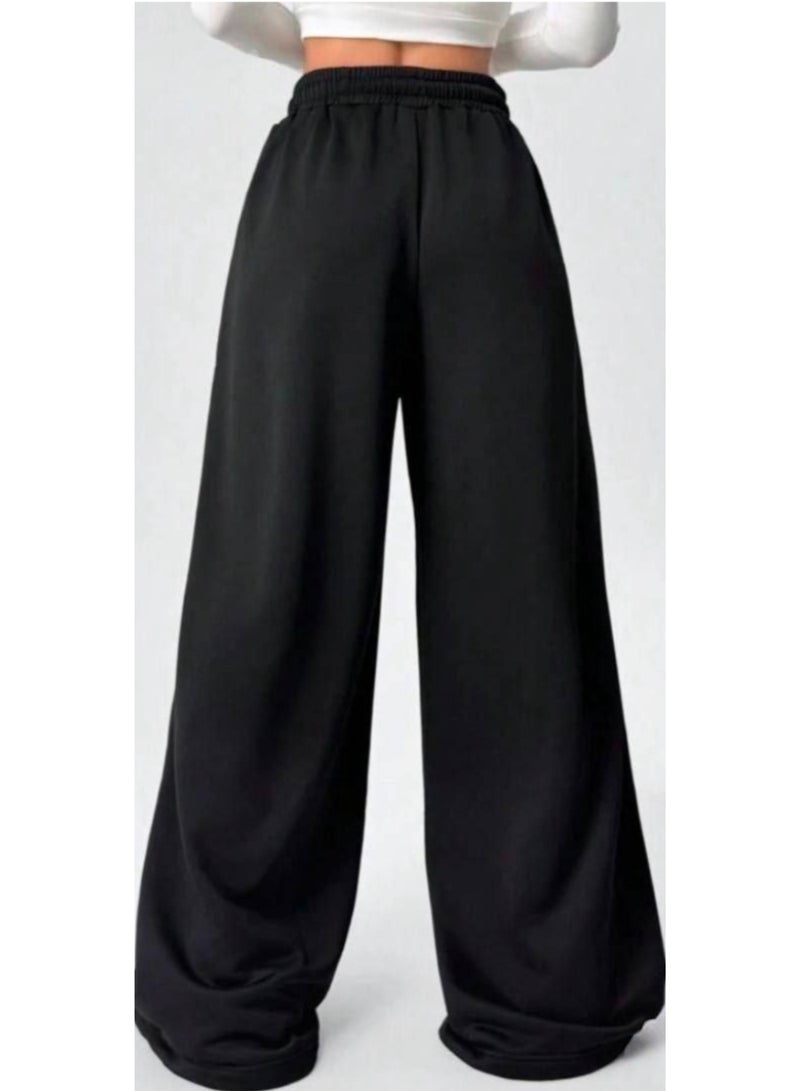 Women's Casual Fleece Wide-Leg Sweatpants with Adjustable Drawstring - Black - Image 3